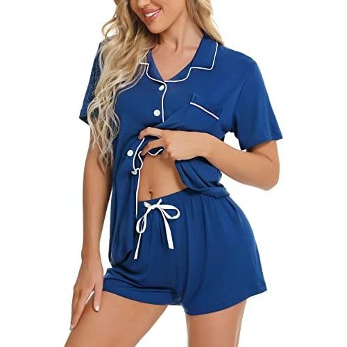 SWOMOG Womens Button Down Pajamas Set Short Sleeve Sleepwear Bride Soft Pj Lounge Sets XS-3XL