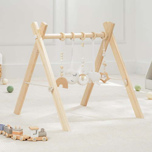 Comfy Cubs Baby Play Gym Set, Wooden Hanging Bar with Gym Toys, Foldable for Infants, Natural Wood