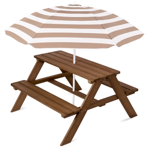 Best Choice Products Kids Wooden Picnic Table, Outdoor Activity Table w/ Adjustable Umbrella, Seats - Walnut/Beige