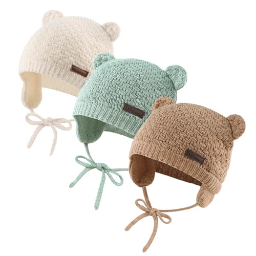 JANGANNSA Cute Knit Boy Girl Christmas Beanie Warm Earflap Winter Baby Hat | Premium Acrylic Fabric,Cotton Lining, Skin Friendly,3 Size For Infant Toddler,Adorable Bear Ears Design,Windproof Chin Strap