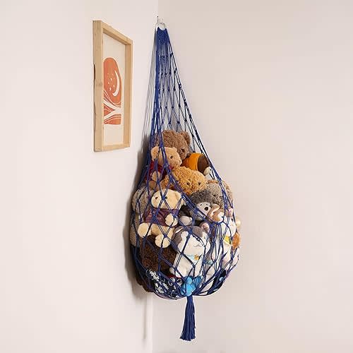 Stuffed Animal Storage Toy Hammock Corner Hanging Net for Stuff Animal Storage Macrame Toy Display Plushie Toy Holder-Wall Hanging Net for Kid Bedroom Decor Playroom Organizer (Blue)