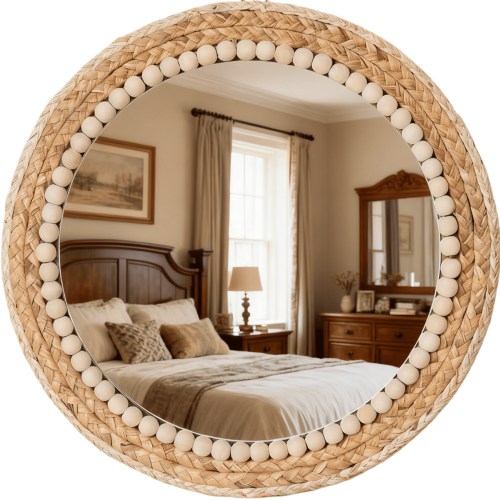 MEHOOM 15" Boho Wall Mirror, Handmade Round Rattan Hanging Mirror for Bathroom Entryway Bedroom Living Room Decor, Decorative Farmhouse, Rustic Vanity Mirror for Home Wall Decor