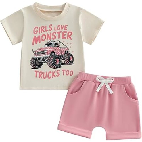 Fernvia Baby Girl Summer Clothes 3 6 12 18 24 Months Toddler Outfit Letter Tractor Short Sleeve Shirt Tops Shorts Set