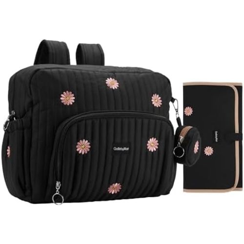 Diaper Bag Backpack, Medium Maternity baby bag & Changing Pad, Insulated Pockets, Stroller Straps & Pacifier Case (Medium - Black Flowers)