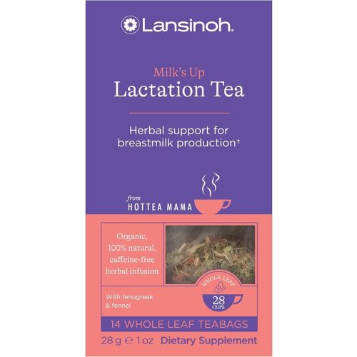 Lansinoh + HotTea Mama Milk's Up, Breastfeeding and Lactation Support Tea, Fenugreek, Fennel, Anise Seed, Caffeine-free, Sugar-Free, Postpartum Essentials for New Moms, Includes 14 Tea Sachets