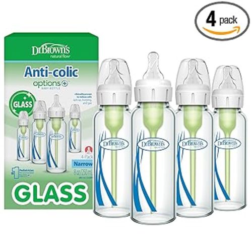 Dr. Brown's Anti-Colic Options+ Narrow Glass Baby Bottle with Level 1 Slow Flow Nipple, BPA-Free, 8 oz/250 mL, 0m+, 4-Pack (Packaging May Vary)