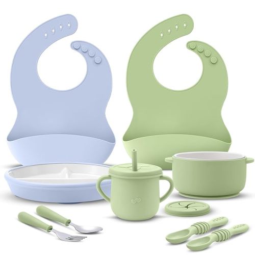 9 Pcs Porcelain Kids Plates and Bowls Feeding Set with Suction, Ceramic Baby Toddler Divided Plates Silicone Sleeve Bowls Forks Spoons Cup Bib Microwave Dishwasher Safe(Sweets)