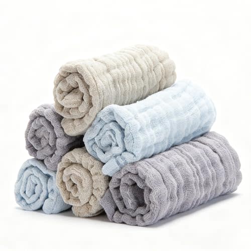 Bear Rocket Organic Muslin Baby Washcloths 6 Pack Baby Bath Face Towel 12x12 Inch Extra Absorbent and Soft Burp Cloth and Wash Cloths for Newborn-Infants On Sensitive Skin (Blue Brown Grey)