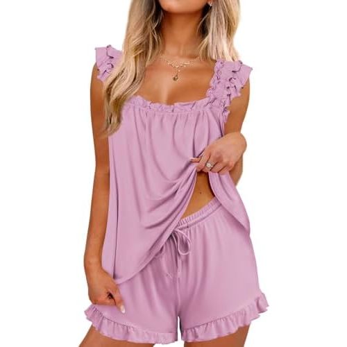 Ekouaer Pajama for Women Set 2 Piece Ruffle Pjs Soft Tank Top and Shorts Sleepwear Set Bridal Pajama Set for Women