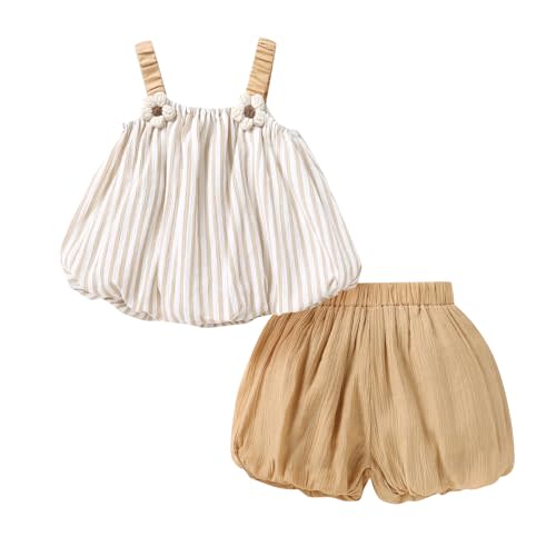 Toddler Baby Girl Boho Strip Outfit Sets Sleeveless Shirt and Bubble Shorts Summer Clothes 9M-4T