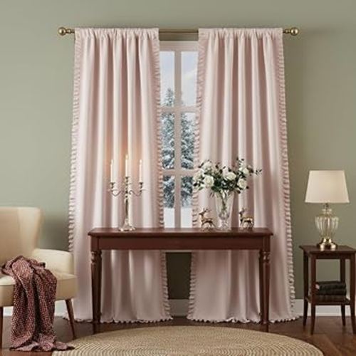 Jubilantex Pink 80% Blackout Curtains with Ruffle Heavy Solid Thermal Insulated Window Treatment Set Soft Drapes for Bedroom Living Room Light Blocking Rod Pocket Curtain, 40Wx84L, 2 Panels