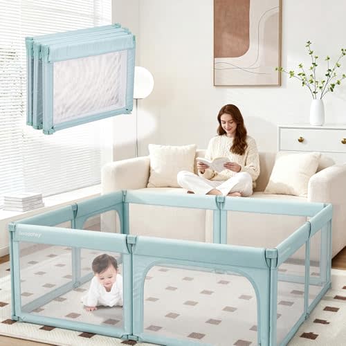 Doradotey 8-Panel Foldable Baby Playpen for Toddlers 1-3, Adjustable Shape Large 79x71 Indoor Playard, No Tools Assembly, 360° Breathable Mesh, Separate Washable Panels Safety Fence, Green