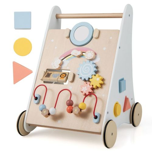 Wooden Baby Push and Pull Sit-to-Stand Learning Walker with Mirror Shape Sorter for 1+ Year Old