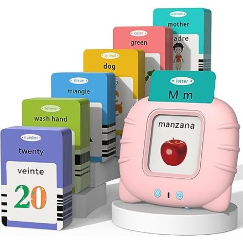 Startcan Spanish & English Talking Flash Cards for Toddlers 1 2 3 4 5 6, Audible Toys for Kids to Learn Spanish - 258 Cards and 516 Words(Pink)