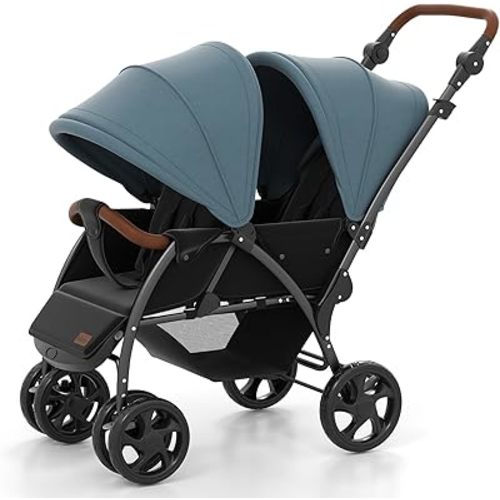 INFANS Double Stroller, Foldable Baby Tandem Stroller with Djustable Backrest Canopy Footrest, 5-Point Harness, Storage Basket, Convertible Compact Twin Stroller for Infants and Toddlers (Sage)