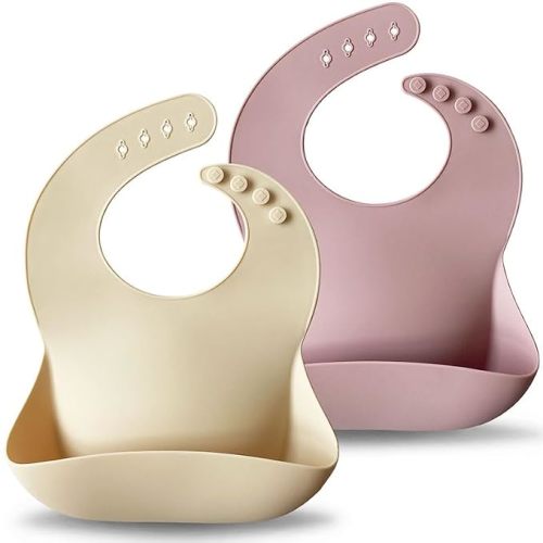 Moonkie Silicone Baby Bibs Set of 2, BPA Free Waterproof Baby Bibs for Eating, Soft Adjustable Silicone Bibs for Babies 6-12 Months, Toddler Bibs with Pocket Food Catcher (Pale Mauve/Shifting Sand)