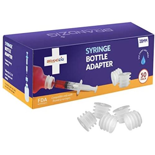 Medicine Bottle Syringe Adapter for Oral Dispensers (28mm, 50 Pack) | Press in Bottle Adapter for Liquid Medication | Only Fits Brandzig 1ml, 3ml, 5ml & 10ml Syringes