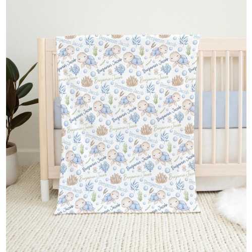 BABY BOY SEA Turtle Blanket, Blue Sea Turtle Baby Name Blanket, Infant Boy Blanket, Under the Sea Baby Blanket, Newborn Boy Gift, Ocean Baby