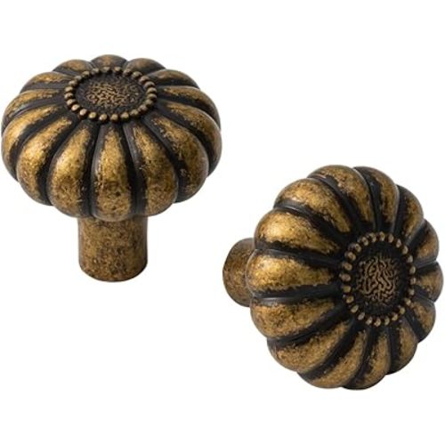 12 Pack Elegant Vintage Bloom Antique Brass Cabinet Knobs, Drawer Pulls for Kitchen, Dresser Cabinet Hardware for Bedroom, 1-1/4 Inches Diameter Handles
