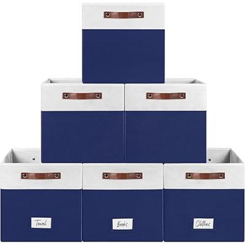 6-Pack Storage Cubes with Handles & Label Holders Basket, Closet Cube Home Organizer Bins(White/Blue, 13 x 13 x 13 inch)