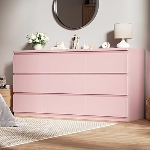 Pink 9 Drawer Dresser for Bedroom,Modern Wood Dressers & Chest of Drawers with No-Handle Design, Long Dressers for Closet Living Room,Nursery,Hallway (59.06 * 32.28 * 14.57 in)
