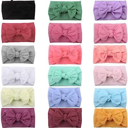 DED 18 Pieces Nylon Newborn Headbands Hair Bows Elastics Soft Bands Headwraps for Newborns Infants Toddlers