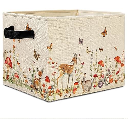 Forest Animal Nursery Storage Bins Mushrooms Collapsible Storage Basket Organizer for Classroom Kids Room Nursery Playroom Clothes Toys Books,Cottagecore Decorative Toybox for Girls