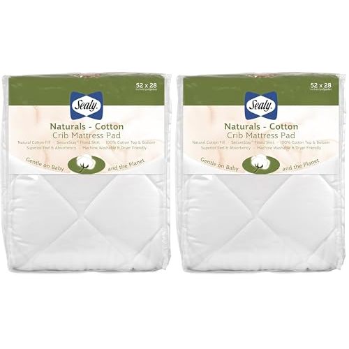 Sealy Baby Naturals Cotton Fitted Ultra Absorbent Infant Crib Mattress Protector Pad and Toddler Bed Cover, Durable and Comfortable Topper, Machine Washable and Dryer Friendly, 52” x 28”- White