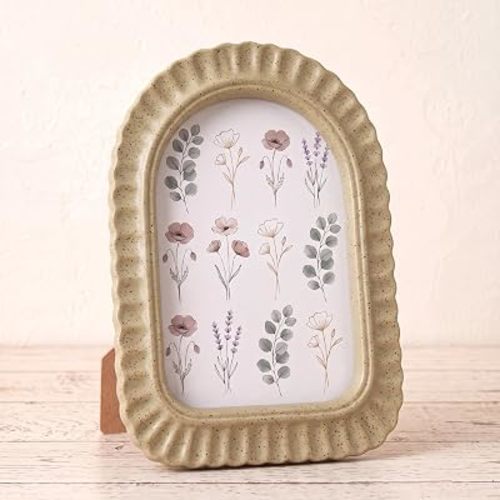 AceOrbit 4x6 Inches Petal Wave Rock Light Khaki Picture Frame Cute Arched Wooden Real Glass Photo Frame for Desktop Display Home Decor Family Friends Wedding Graduation Gifts
