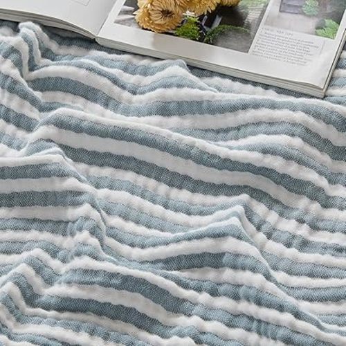 EMME Cotton Muslin Large Throw Blanket Couch Breathable Gauze Soft Lightweight Bed Blankets Adults (Striped Teal, 50"x70")