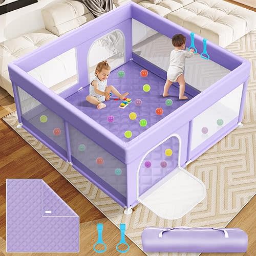 Baby Playpen with Mat 64"x64" - Playpen for Babies and Toddlers with Mat for Apartment - Play Yard with mat Included - Soft Breathable Mesh - All-Wrapped Sponge Play Pen with Handle & Bag (Purple)