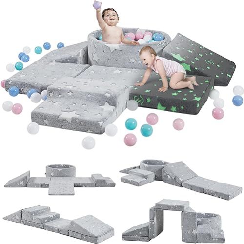Foam Climbing Blocks with Ball Pit & Stairs for Toddlers Aged 1-3 -Soft Playset for Indoor Crawling, Foam Playground Set for Baby to Active Playing Inside -(Balls NOT Included),Stars