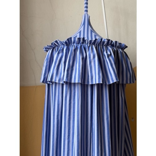 Blue Striped Kids Canopy | Puffy Ruffle, Double Opening Nursery Decor