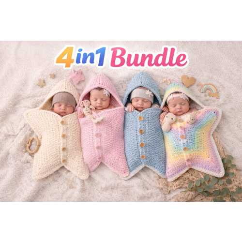 4in1 Star Baby Cocoon Crochet Pattern Bundle, Newborn Swaddle Blanket