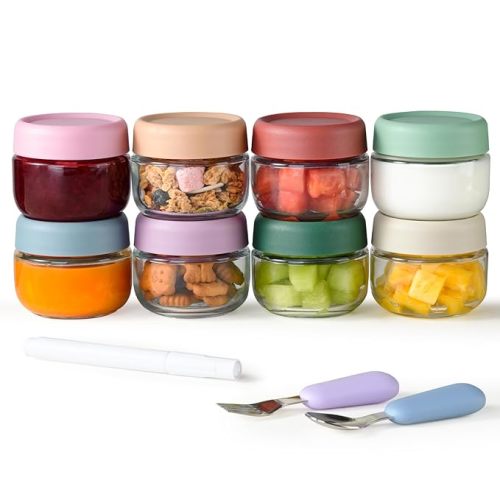 Glass Baby Food Storage Containers, Baby Food Jars, 8 Pack Small Glass Containers with Lids, 4 oz Leakproof Baby Food Storage Containers, BPA Free Microwave/Freezer/Dishwasher Safe, Kids Spoon Fork