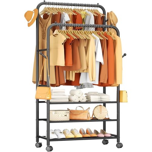 Furologee Clothes Racks for Hanging Clothes, Portable Rolling Garment Rack, Sturdy Metal Freestanding Cloths Racks with Wheels, Double Rods Wardrobe Rack for Bedroom Laundry Living Room