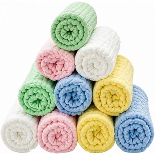 Value Pack 10 Large 100% 6 Layers Muslin Cotton Baby Burp Cloths, Extra Absorbent Washcloths (30×50 cm) for Newborn, Toddler, Face Towels for Sensitive Skin, Multicolor, Baby Registery