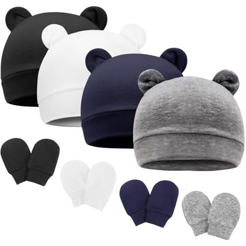 BQUBO Newborn Baby Bear Ears Hats and Mittens Sets Preemie Cotton Caps Baby Boy Girl Infant Hospital Beanie