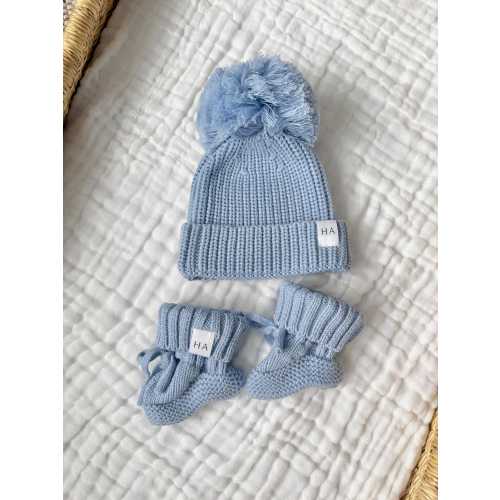 Organic Knit Pom Beanie and Booties Set, Baby Pom Beanie Hat, Blue Newborn Baby Hat, Newborn Beanie, Blue Baby Hat, Blue Baby Beanie