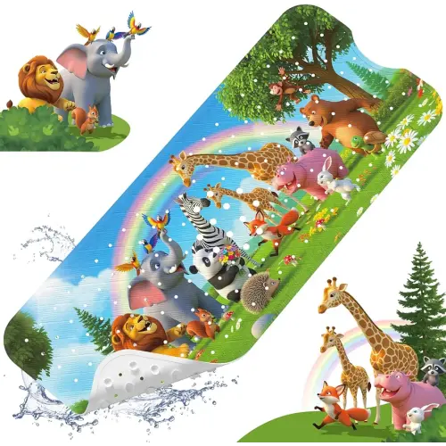 XIYUNTE Upgrade Baby Bath Mat Non Slip - 40"x16" Extra Long Kids Bath Mat for Tub Non Slip Bathtub Mat Eco-Friendly Toddler Bath Mats with Suction Cups, Machine Washable and No Fading, Animal Rainbow
