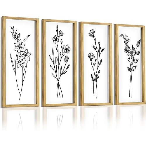 LITIVY Wooden Framed Floral Boho Wall Art Set of 4 Rustic Minimalist Botanical 16”x7” Black and White Farmhouse Bathroom Living Room Wall Decor (White)