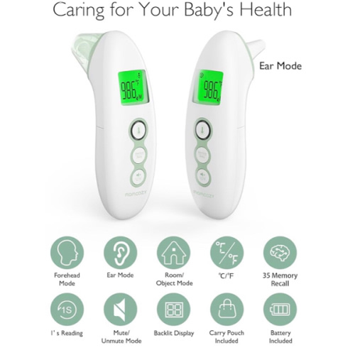 Momcozy Non-Contact Forehead and Ear Thermometer, Digital Infrared Thermometer for Adults and Children, with Child Mode, Fever Alarm Function, Mute and Memory Functions, Fast and Accurate Measurement