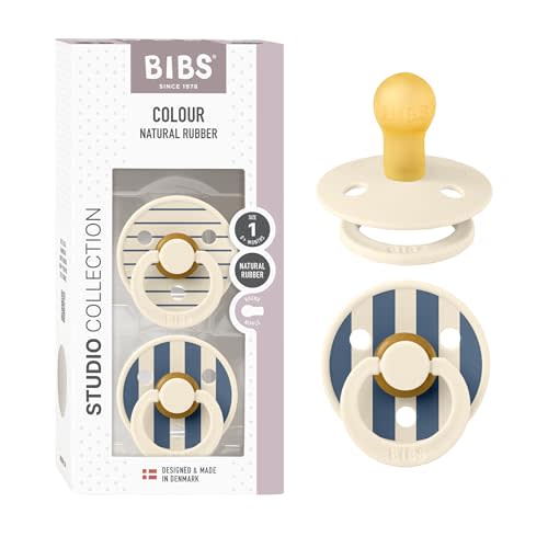 BIBS Colour Pacifier, 0-6 Months, 2-Pack, Round, Pin Ivory Steel Blue | Natural Rubber | Size 1 | BPA-Free | Made in Denmark | High Nipple Acceptance | Airflow Holes | Comfort Shield