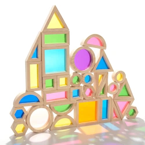 WOODENFUN Wood Building Blocks Set for Kids, 32 Pcs Rainbow Stacker Stacking Game Construction Toys Set Preschool Colorful Learning Educational Toys, Geometry Wooden Blocks for Boys Girls