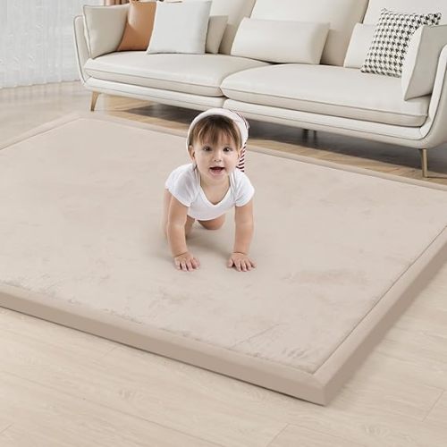 ACOMOPACK Baby Play Mat for Floor 1.3" Thick Memory Foam Play Mat 59"×71" Tummy Time Crawling with Non-Slip Bottom for Living Room,Nursery,Soft Velvet Playpen Mats for Kids,Infants(Beige)