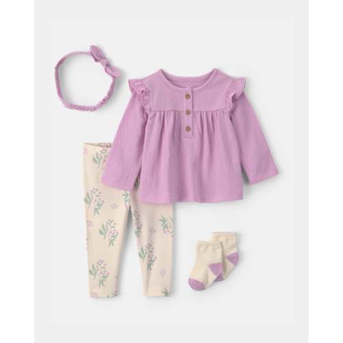 Baby Girl 4-Piece Long-Sleeve Top & Pant Set - Purple