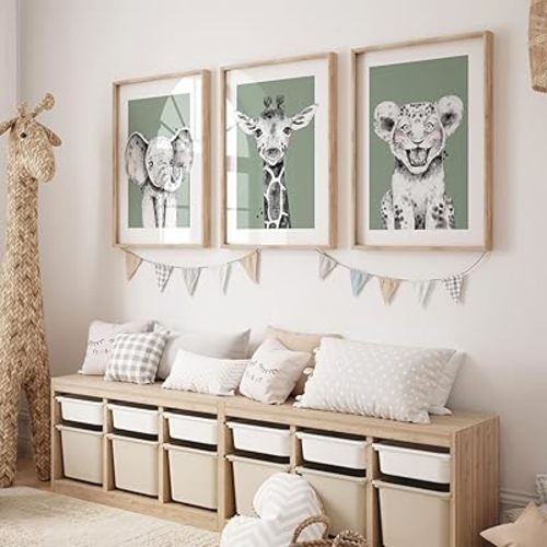 Sfwarmart Sage Green Safari Boy Nursery Decor Set of 3 Unframed 8x12 inch Watercolor Art Prints
