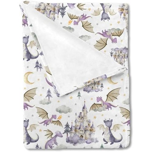 HawSkgFub Cute Dragon Fairy Tale Baby Blanket Girl Shower Gift, Purple Castle Cloud Moon Star Flannel Fleece Nursery Bed Receiving Swaddle, Soft Lightweight Newborn Infant Toddler Crib Bedding 30 x 40