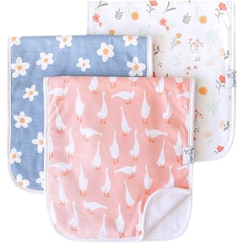 Copper Pearl Premium Baby Burp Cloths - 3-Pack Large Cotton Burp Cloths, Extra Soft Spit Up Rags with 3 Absorbent Layers, Perfect for Baby Girl Gifts (21" x 10" Size, Goosie Set)