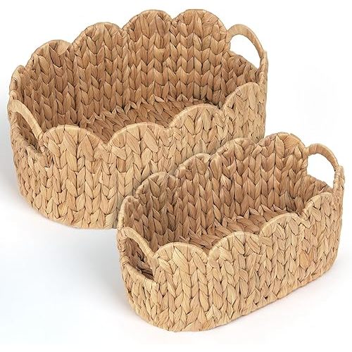Scalloped Wicker Basket, Set of 2 Hand-Woven Natural Rattan Baskets with Built-in Handles, Water Hyacinth Storage Oval Cute Baby Baskets for Nursery, Organizing, Decor and Shelves